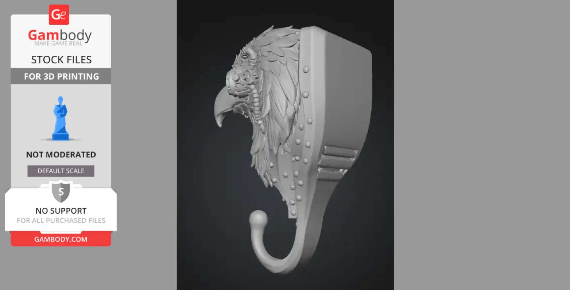 Steampunk-style eagle head with intricate gears and feathers, designed as a detailed wall hook for 3D printing.