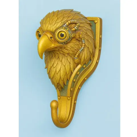 Steampunk eagle head wall hook with intricate gear and feather details in gold.