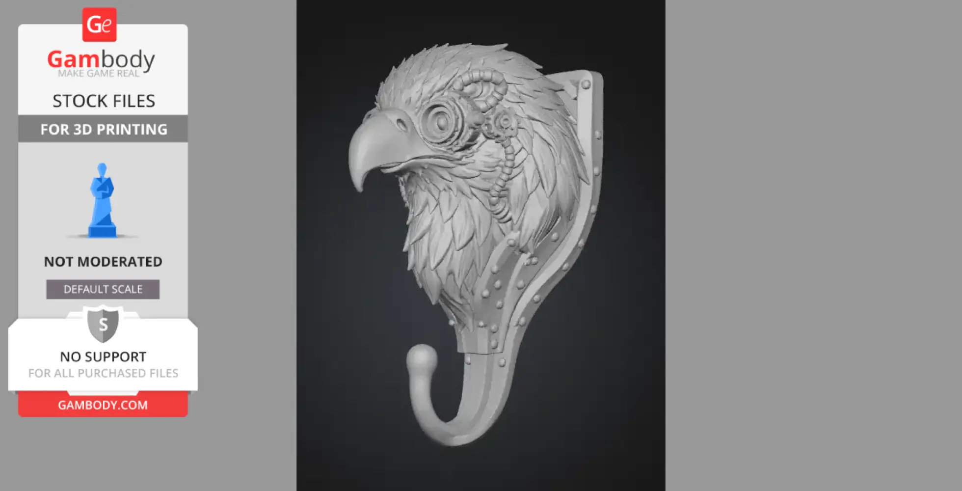 Steampunk-style eagle head wall hook with intricate gear details for 3D printing.