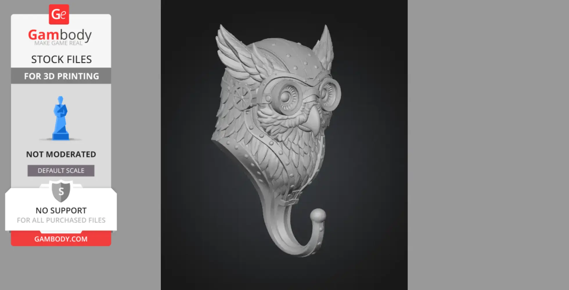 A detailed steampunk owl wall hook design for 3D printing, featuring gears and goggles.