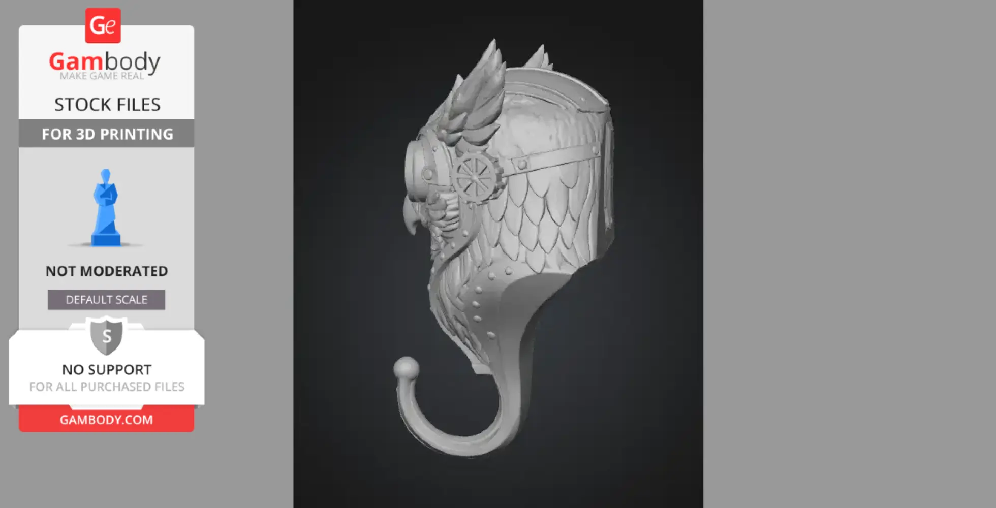 Highly detailed steampunk owl wall hook with gears and feathers in gray, designed for 3D printing.