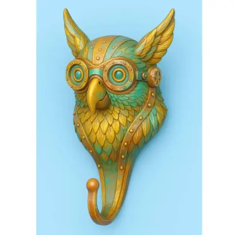 Steampunk owl wall hook with goggles and intricate gear details, designed for 3D printing.