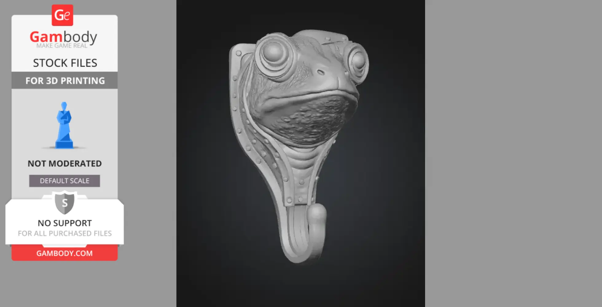A textured steampunk frog head design wall hook for 3D printing.