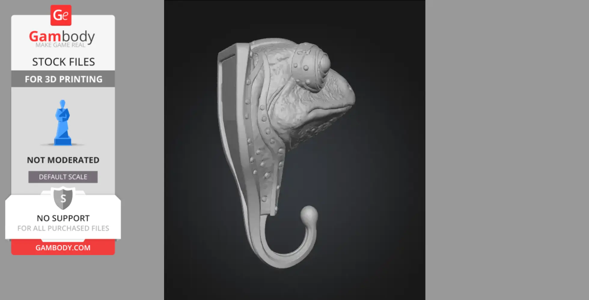 Steampunk-style frog head wall hook, detailed with rivets, for 3D printing.