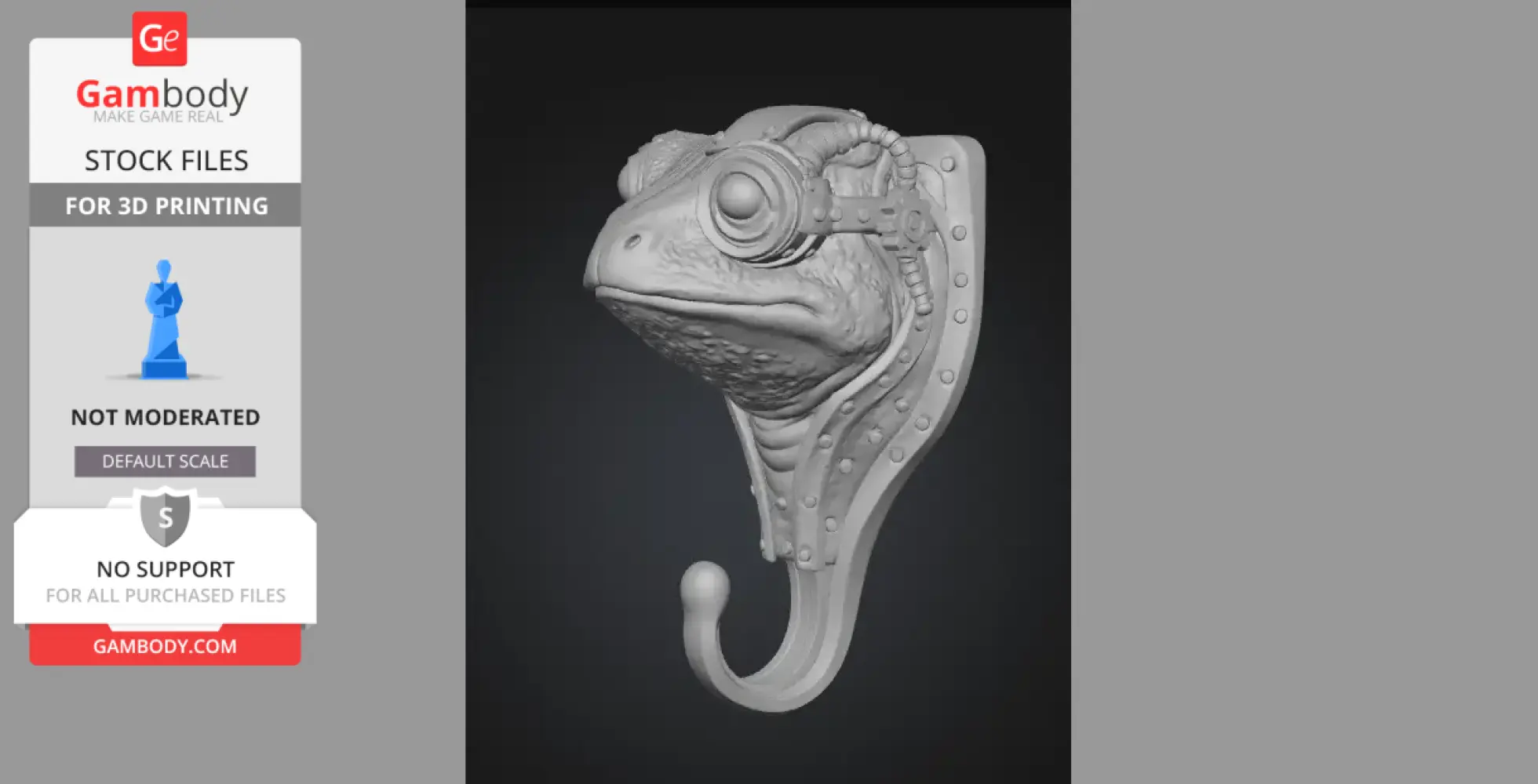 A steampunk-style frog wall hook with gears and rivets, designed for 3D printing.