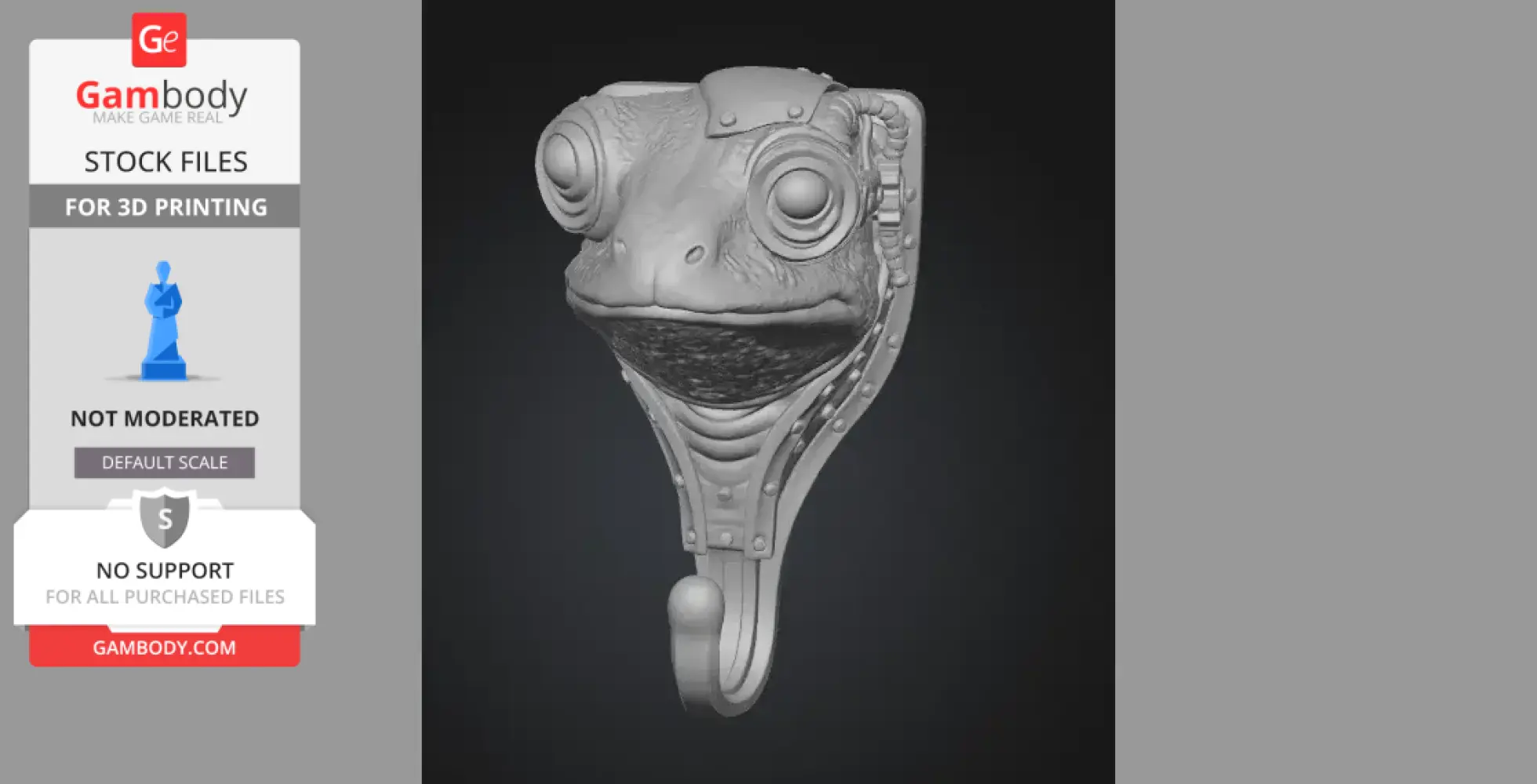 Steampunk frog head wall hook with mechanical details for 3D printing.