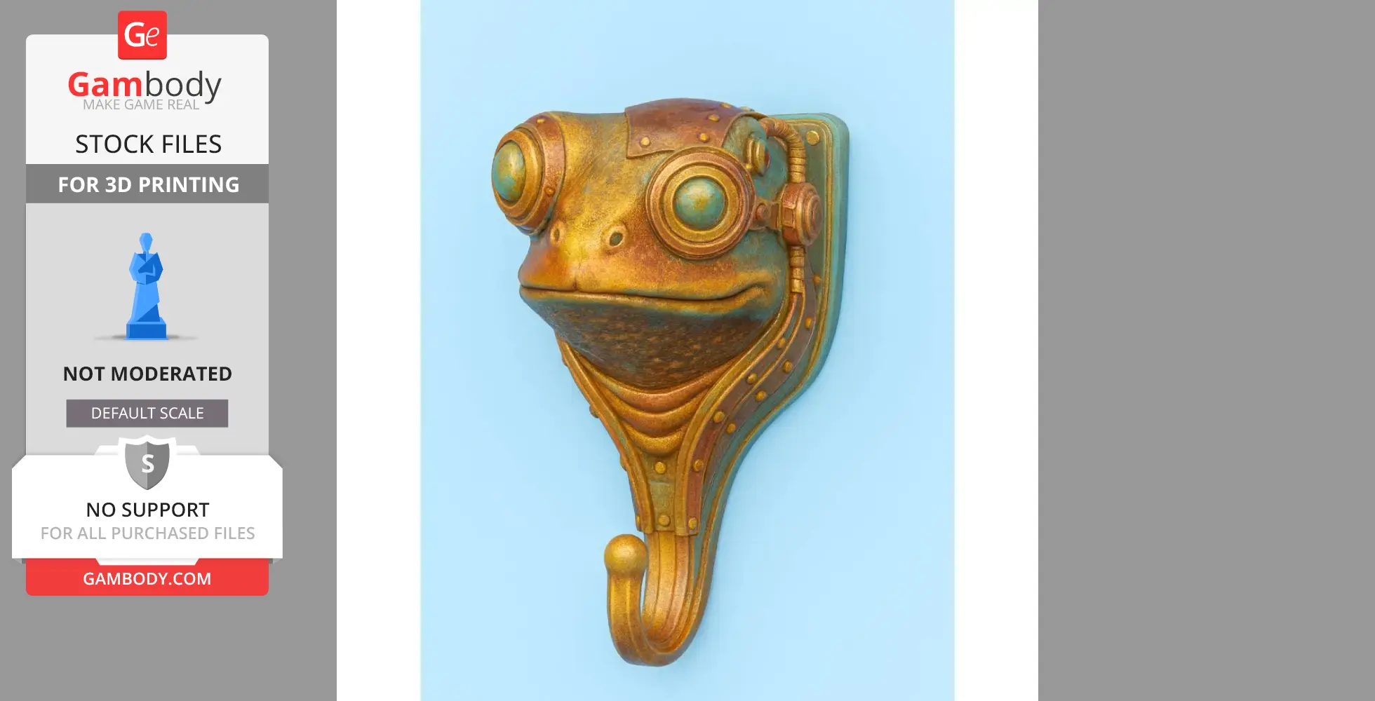 Steampunk-style frog wall hook with goggles and gears, ideal for 3D printing.