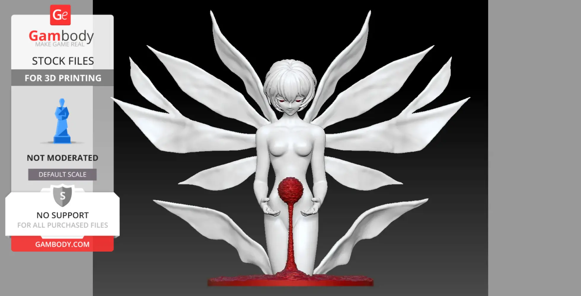 Stylized figure with multiple wing-like structures and a red orb at its base.