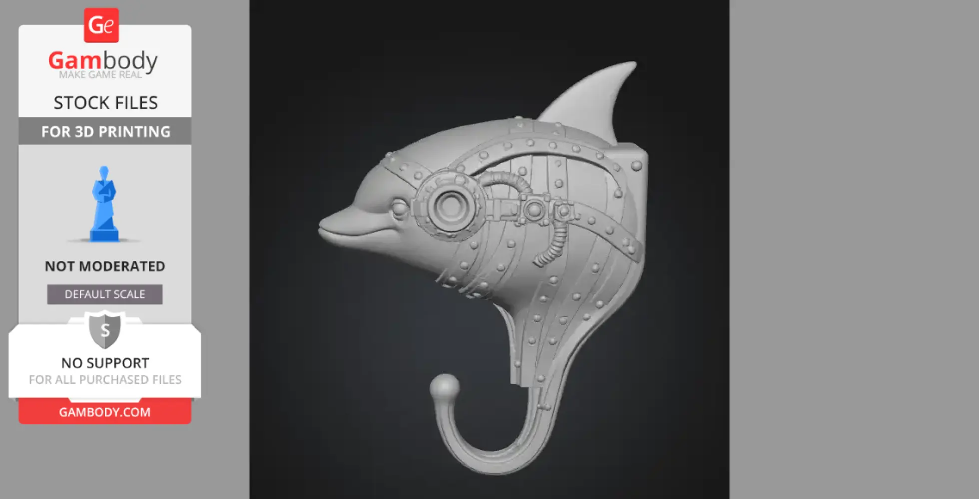 A steampunk dolphin-shaped wall hook with gears and rivets design, ready for 3D printing.