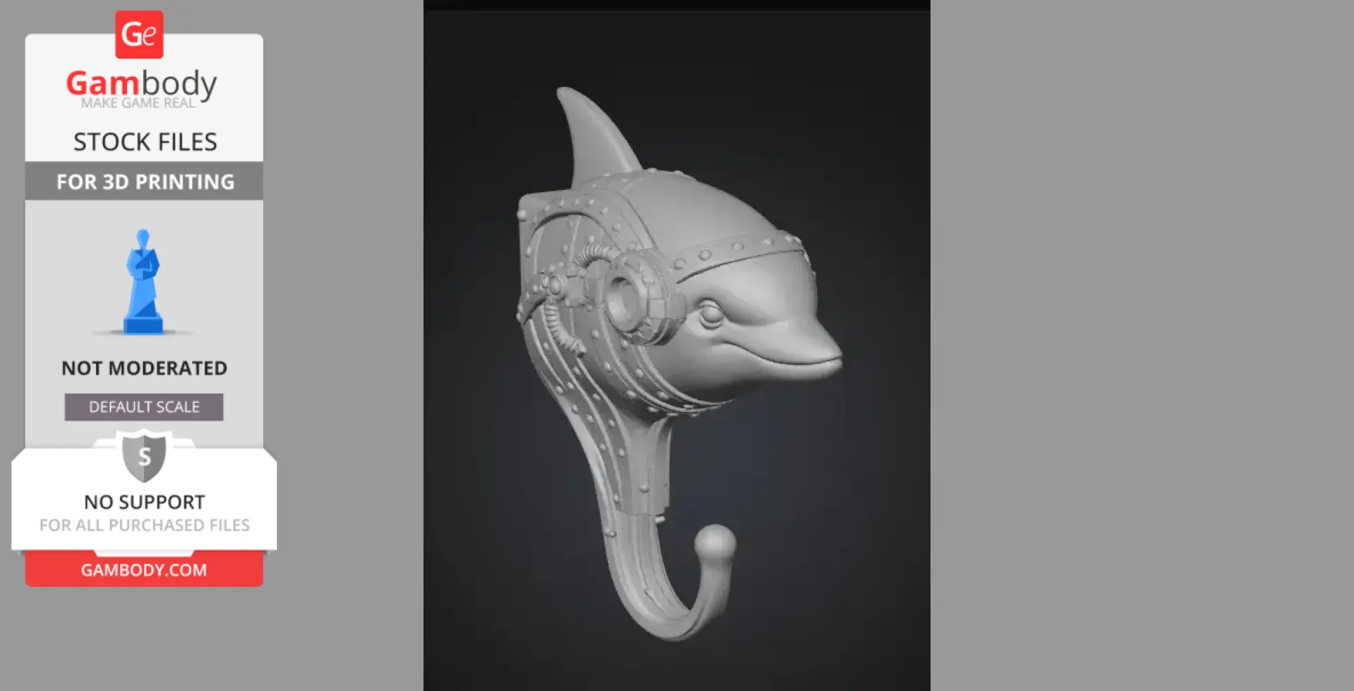 A steampunk-themed dolphin wall hook with gears and rivets, ready for 3D printing.