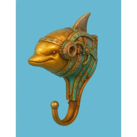 Steampunk dolphin head wall hook with gears and metallic details, ready for 3D printing.