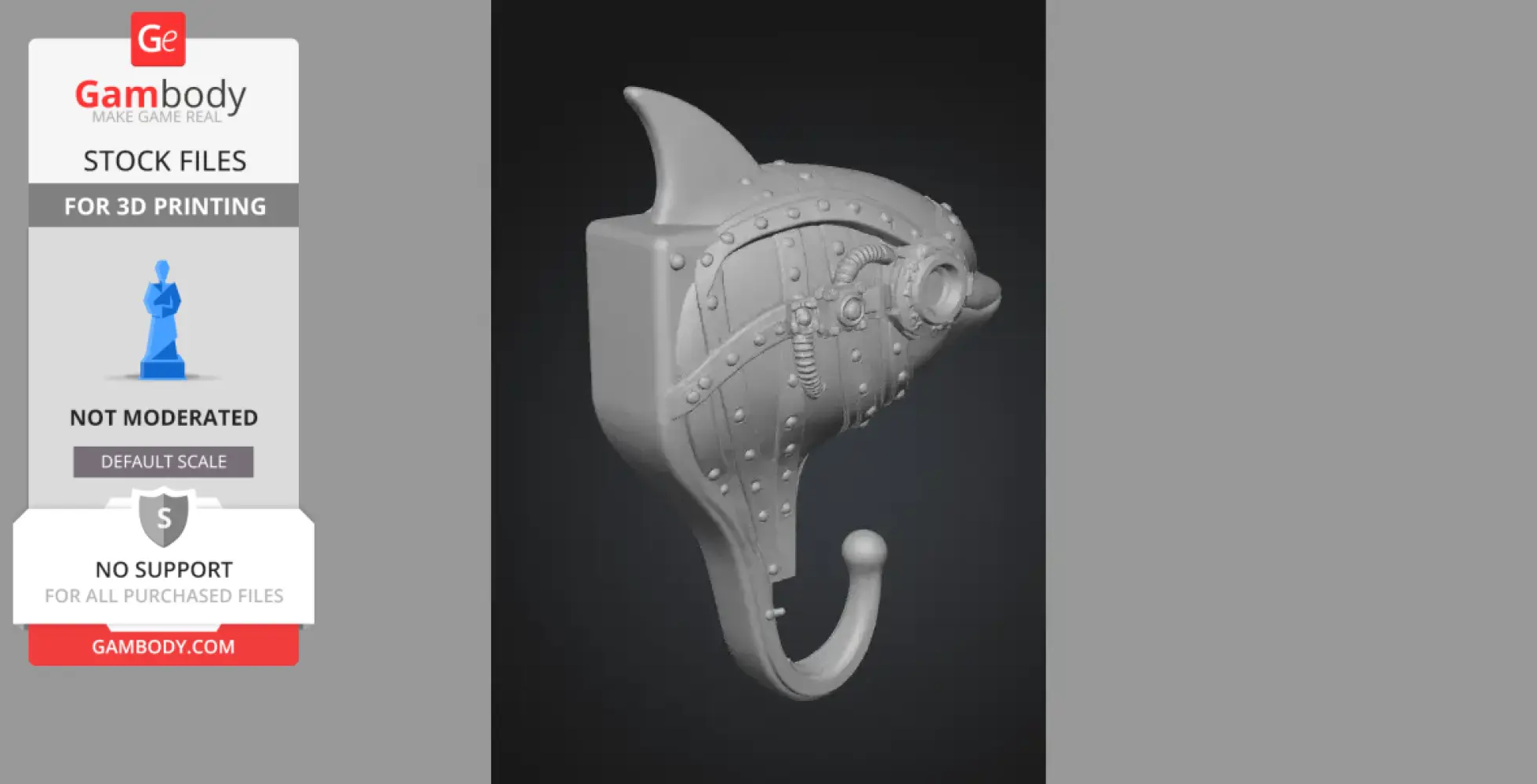 Steampunk dolphin-shaped wall hook with intricate gears and rivets design for 3D printing.