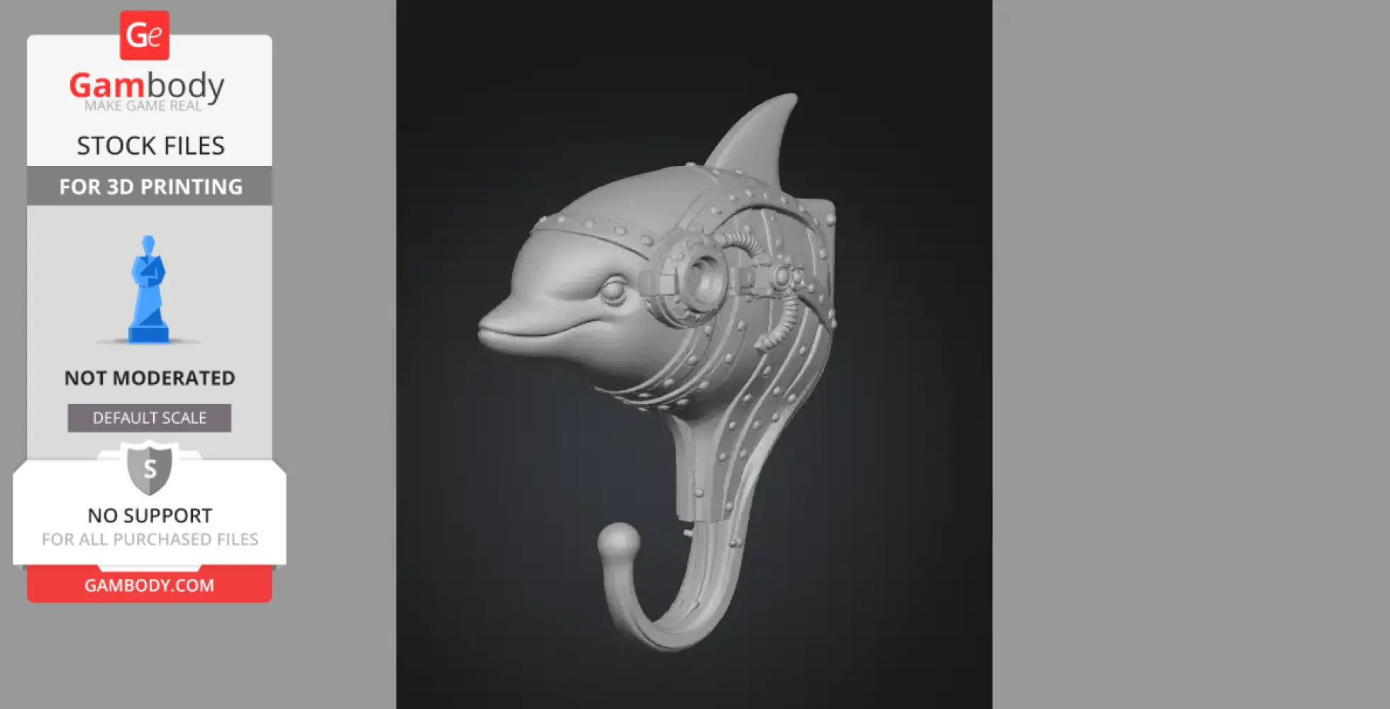 Steampunk dolphin head-shaped wall hook with gears and rivets design for 3D printing.