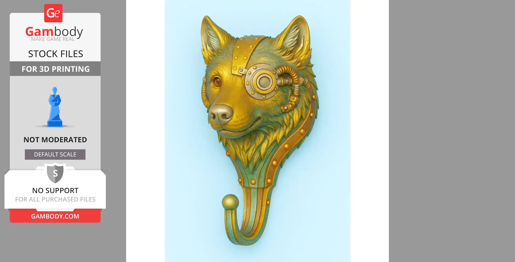 Steampunk wolf head wall hook with gears and mechanical details for 3D printing.