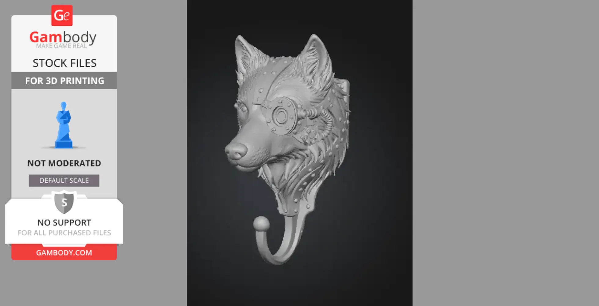 A steampunk wolf head wall hook with mechanical details and a hook below for 3D printing.