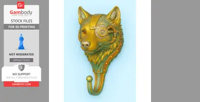 Steampunk wolf head wall hook with gears and mechanical details for 3D printing.