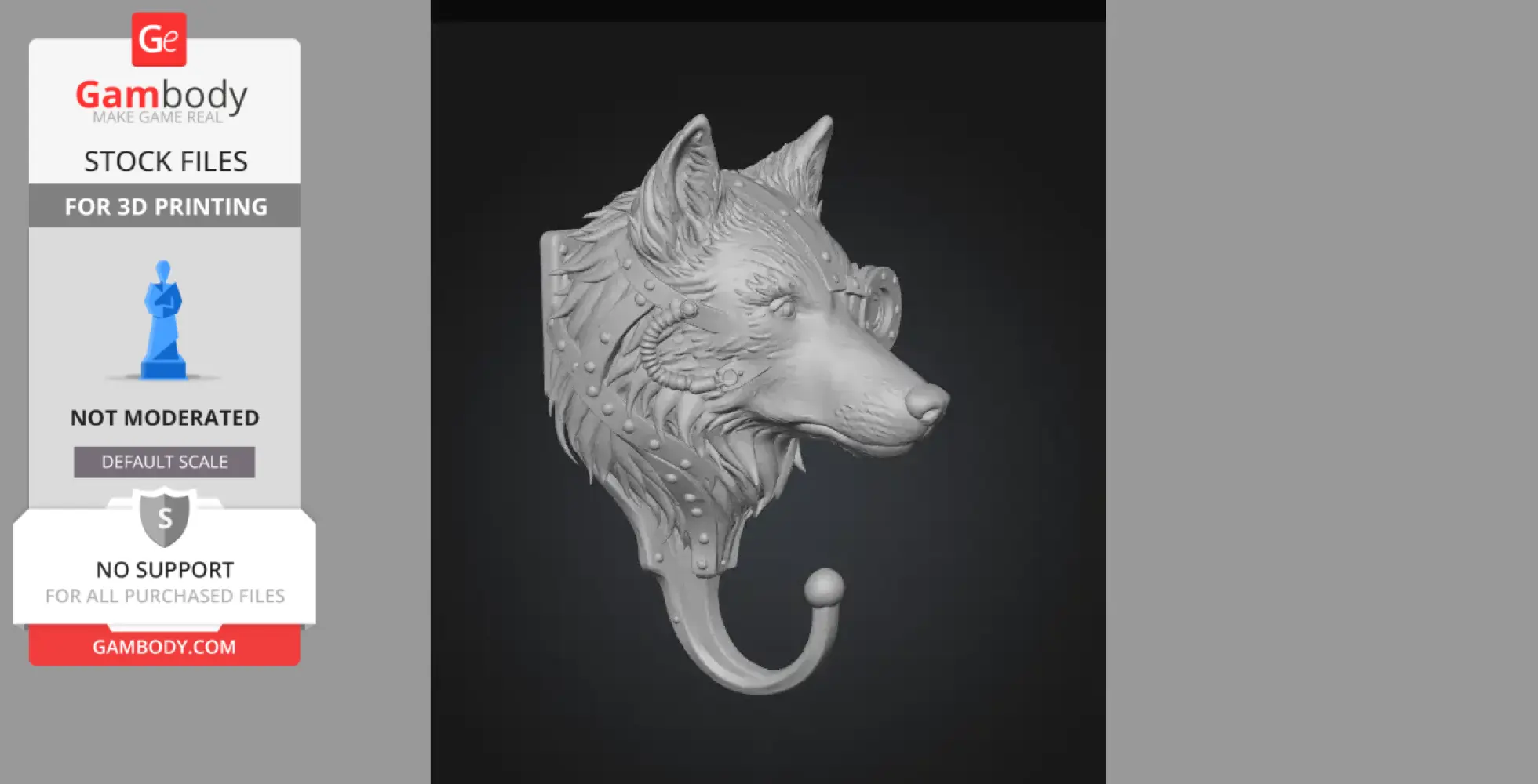 Wolf head wall hook in steampunk style with gears and bolts for 3D printing.