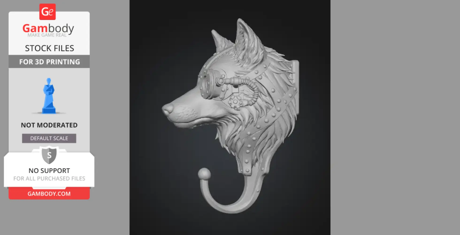 Steampunk wolf head with gear details as a wall hook for 3D printing.