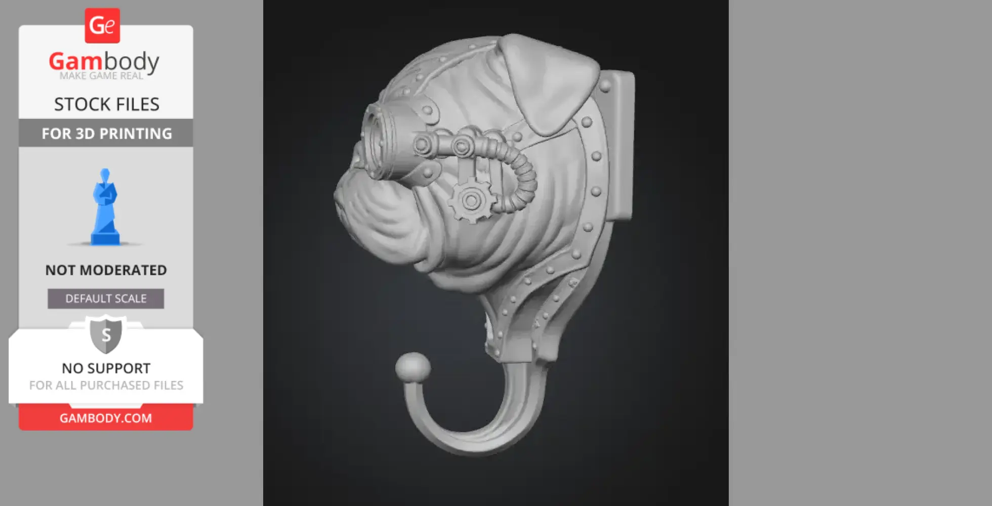 A steampunk-themed bulldog wall hook with goggles and gear details, designed for 3D printing.