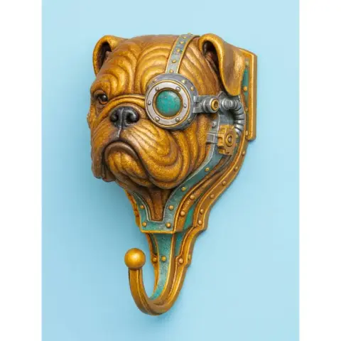 Steampunk bulldog head with a mechanical monocle, serving as a decorative wall hook.