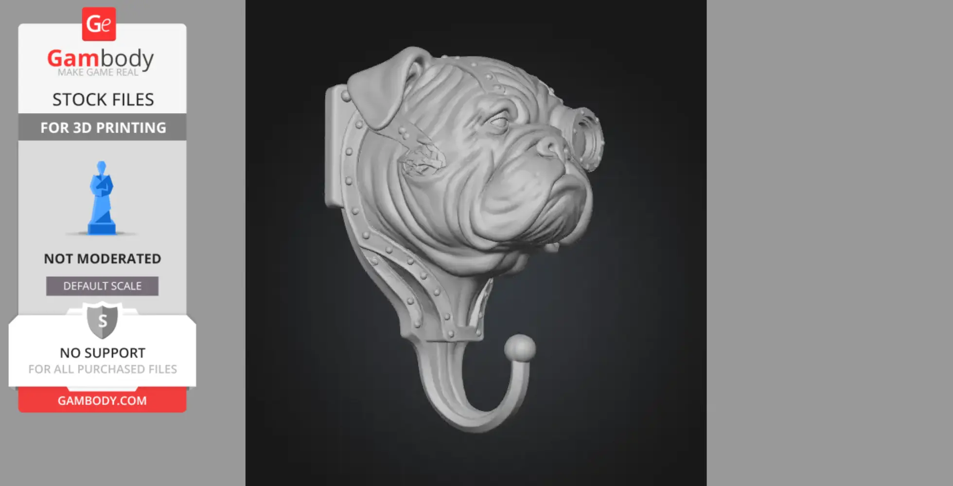 Steampunk bulldog head with rivets and a wall hook at the bottom for 3D printing.