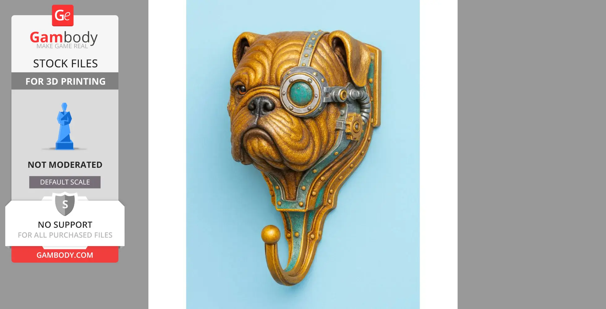 Steampunk-style bulldog wall hook with gears and a monocle for 3D printing.