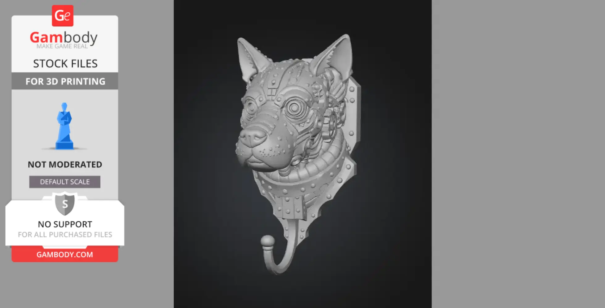 Steampunk dog head with mechanical details, doubling as a wall hook.