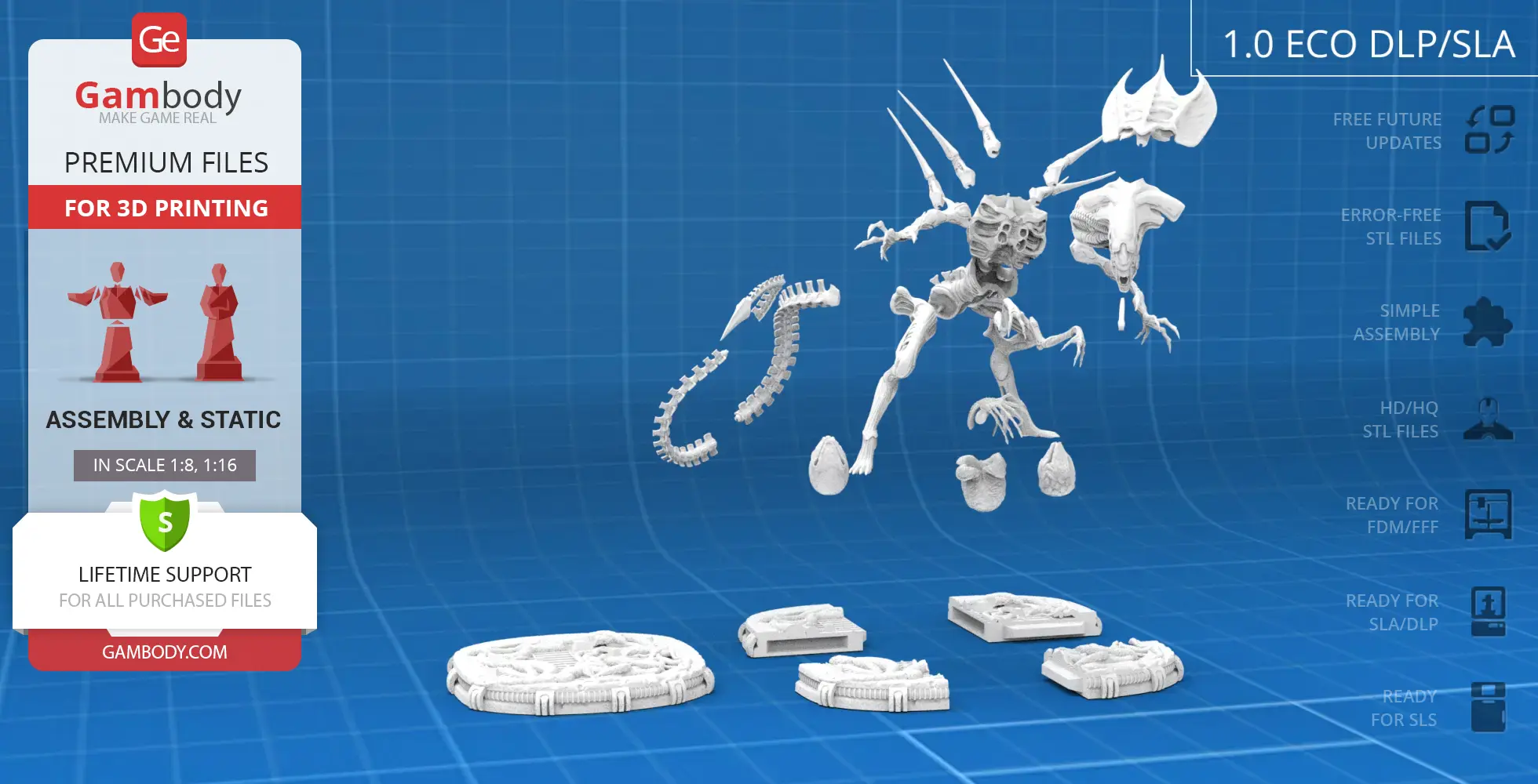 3D model parts of a Xenomorph Queen from AvP, displayed for assembly, on a blue grid background.