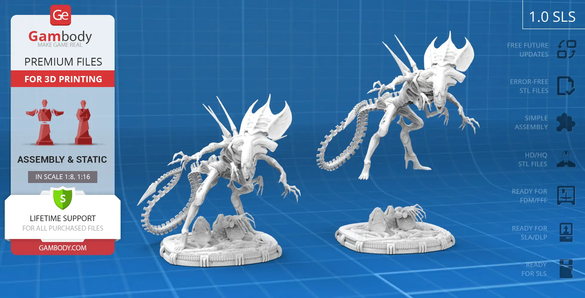 Fierce Xenomorph Queen model poised aggressively on a detailed base with eggs, ready for 3D printing.