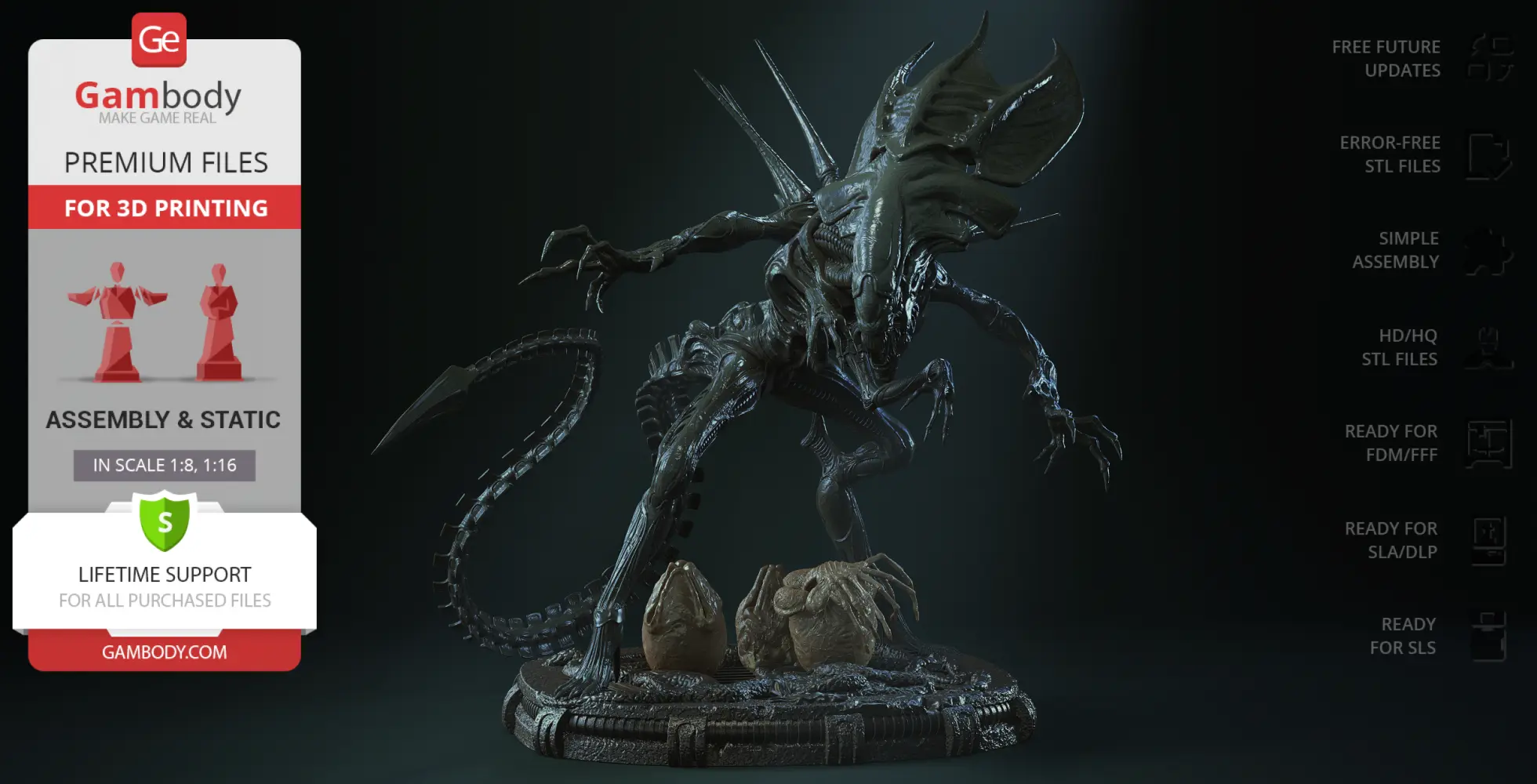A detailed 3D model of a Xenomorph Queen with eggs, designed for 3D printing on a platform.