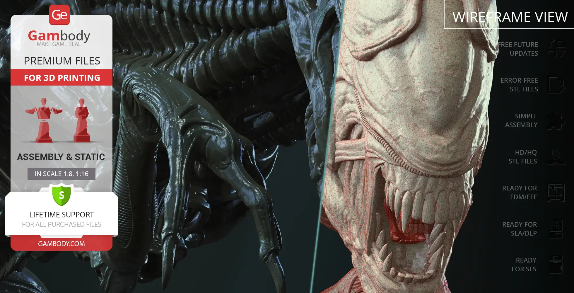 Detailed Xenomorph Queen model for 3D printing, showing intricate textures and assembly options.