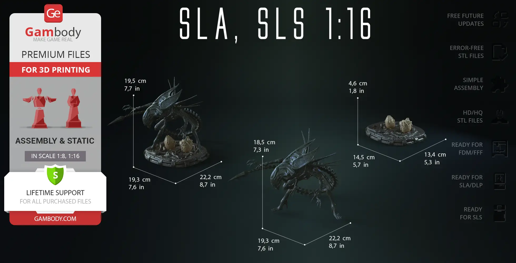 3D model of a Xenomorph Queen in parts, with measurements for assembly and 3D printing.