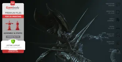 A detailed 3D model of a Xenomorph Queen with sharp appendages, ready for 3D printing from Gambody.