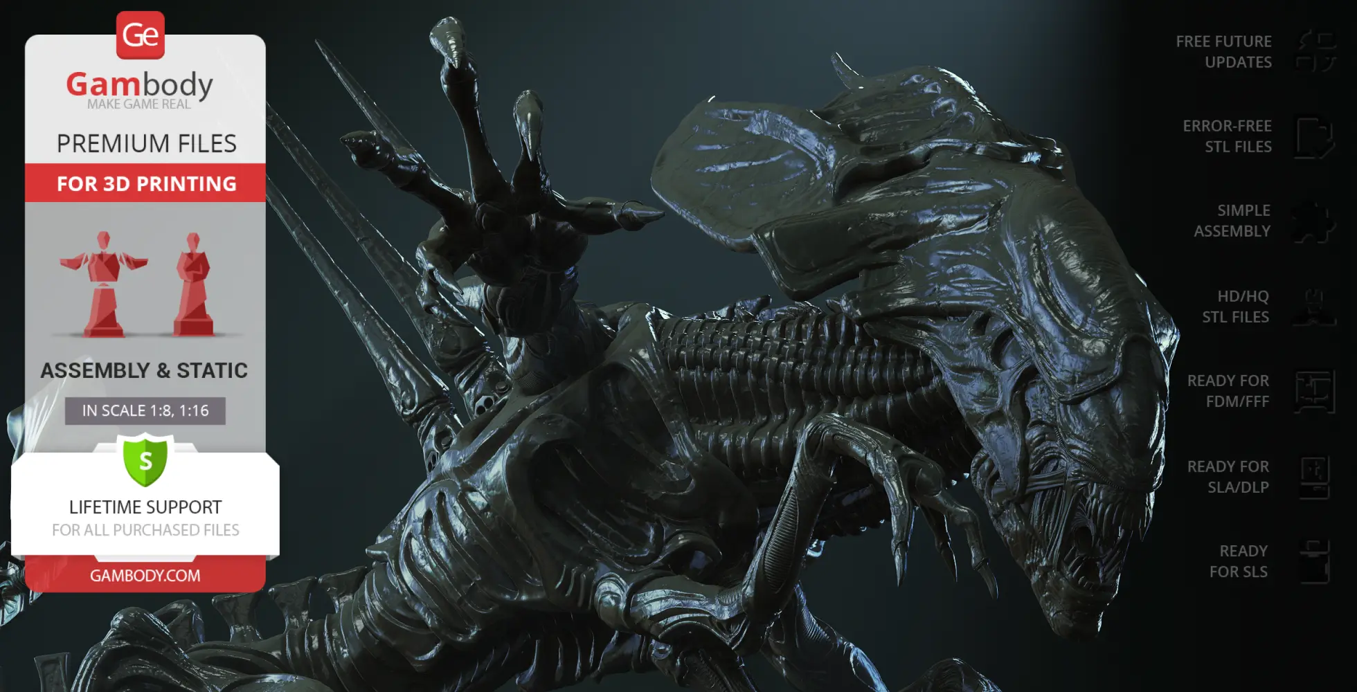 A detailed 3D model of a Xenomorph Queen from AvP, showcasing intricate alien features for printing.