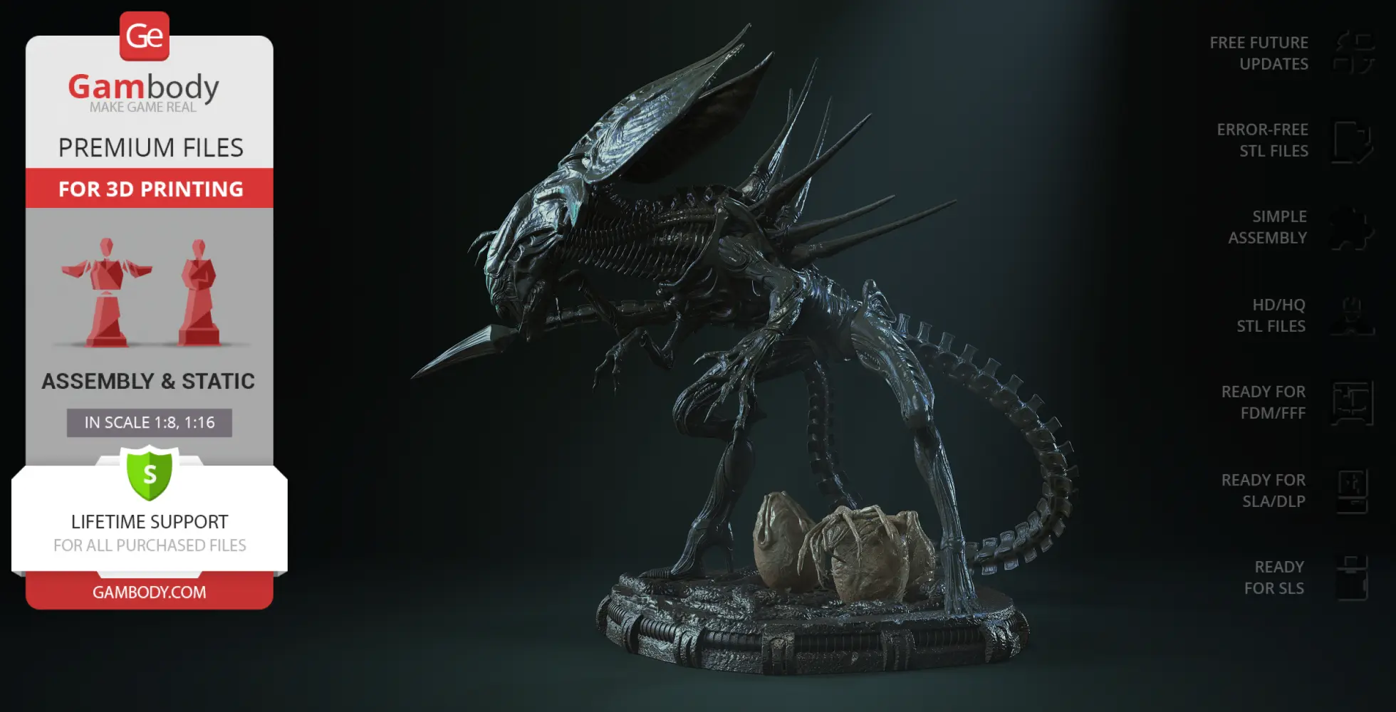 A detailed 3D model of a Xenomorph Queen with eggs on a textured base for printing.