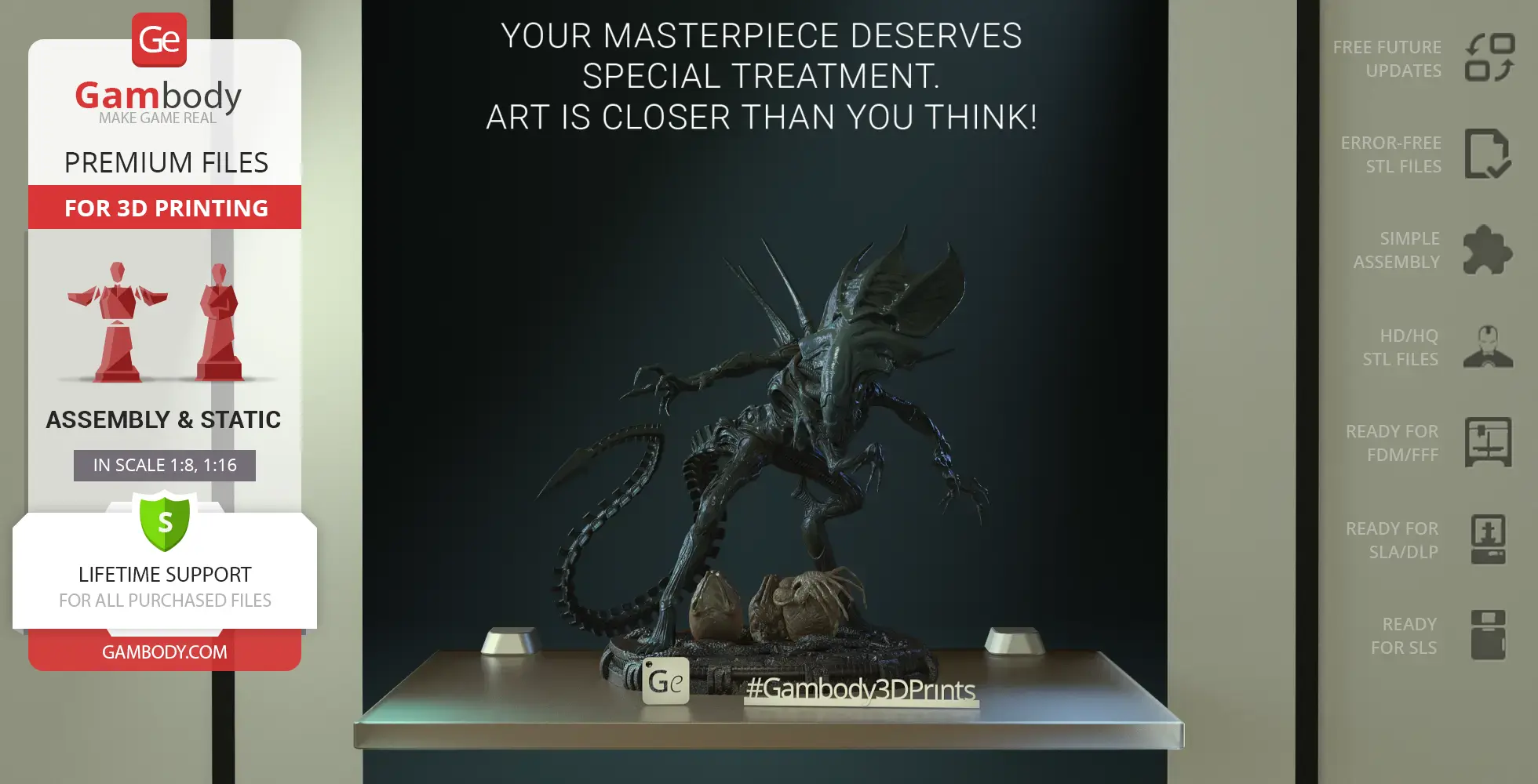 A detailed 3D model of a Xenomorph Queen from AvP, ready for 3D printing on a display pedestal.