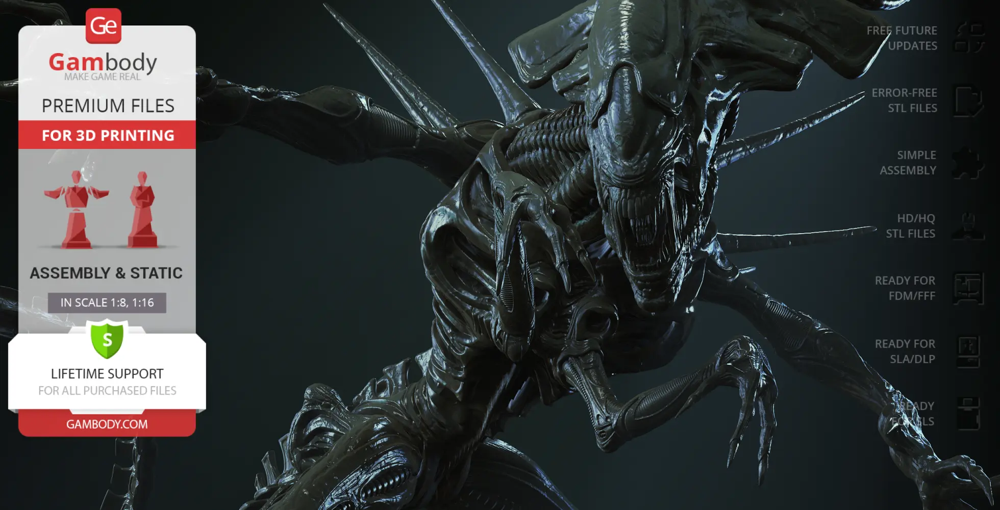 A detailed 3D model of a menacing, multi-limbed Xenomorph Queen, ready for 3D printing.