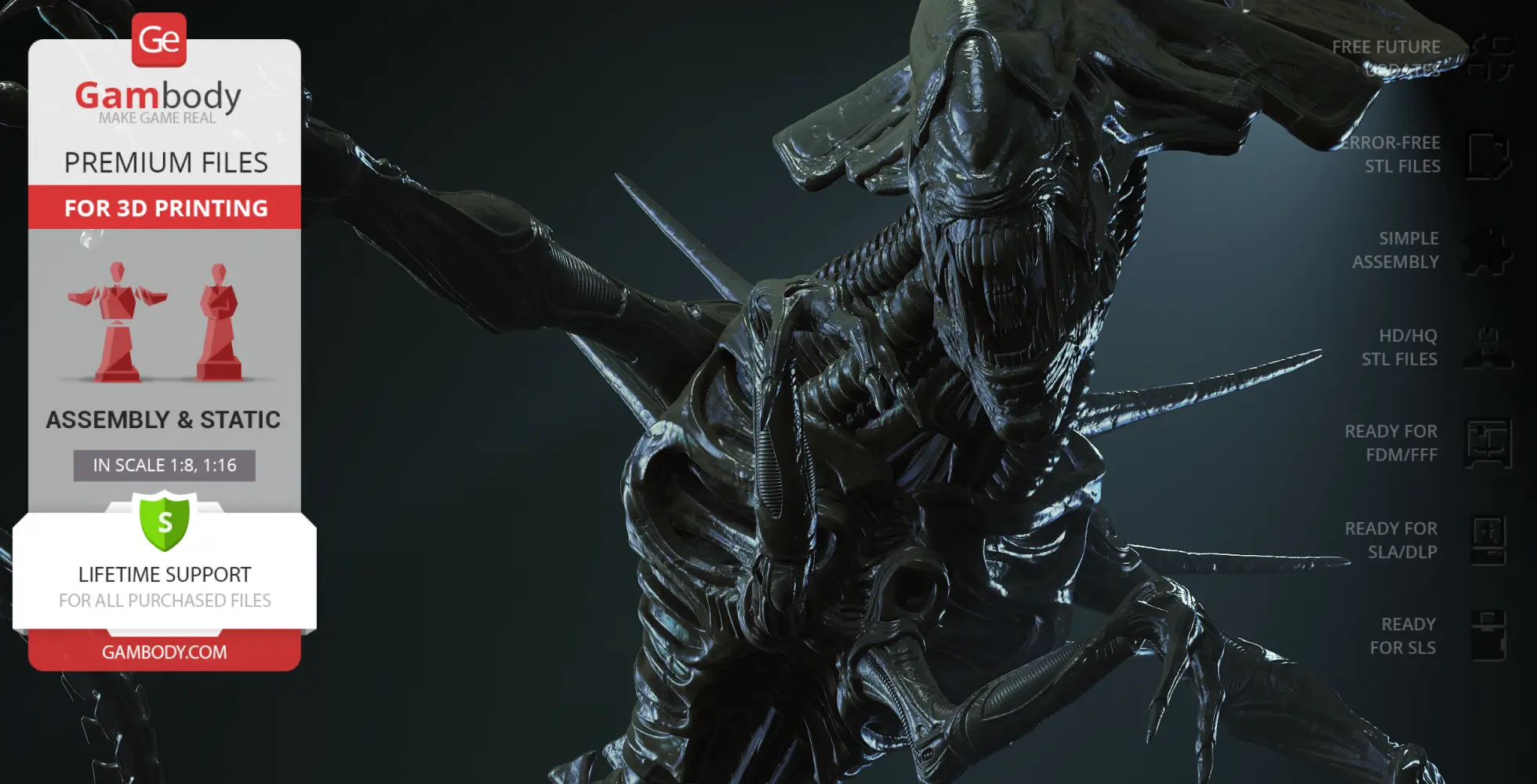 A detailed 3D model of a fierce, alien creature with sharp features, ready for printing.