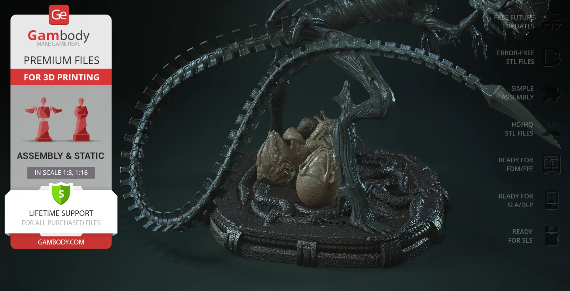 Xenomorph Queen model with eggs and facehuggers on a detailed base for 3D printing.