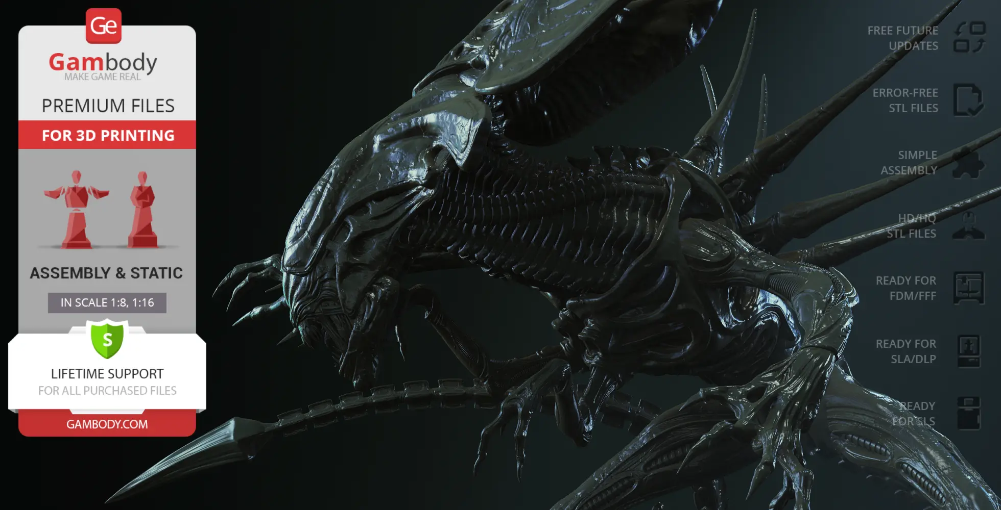 Detailed 3D model of a Xenomorph Queen for printing, featuring intricate textures and spiky details.