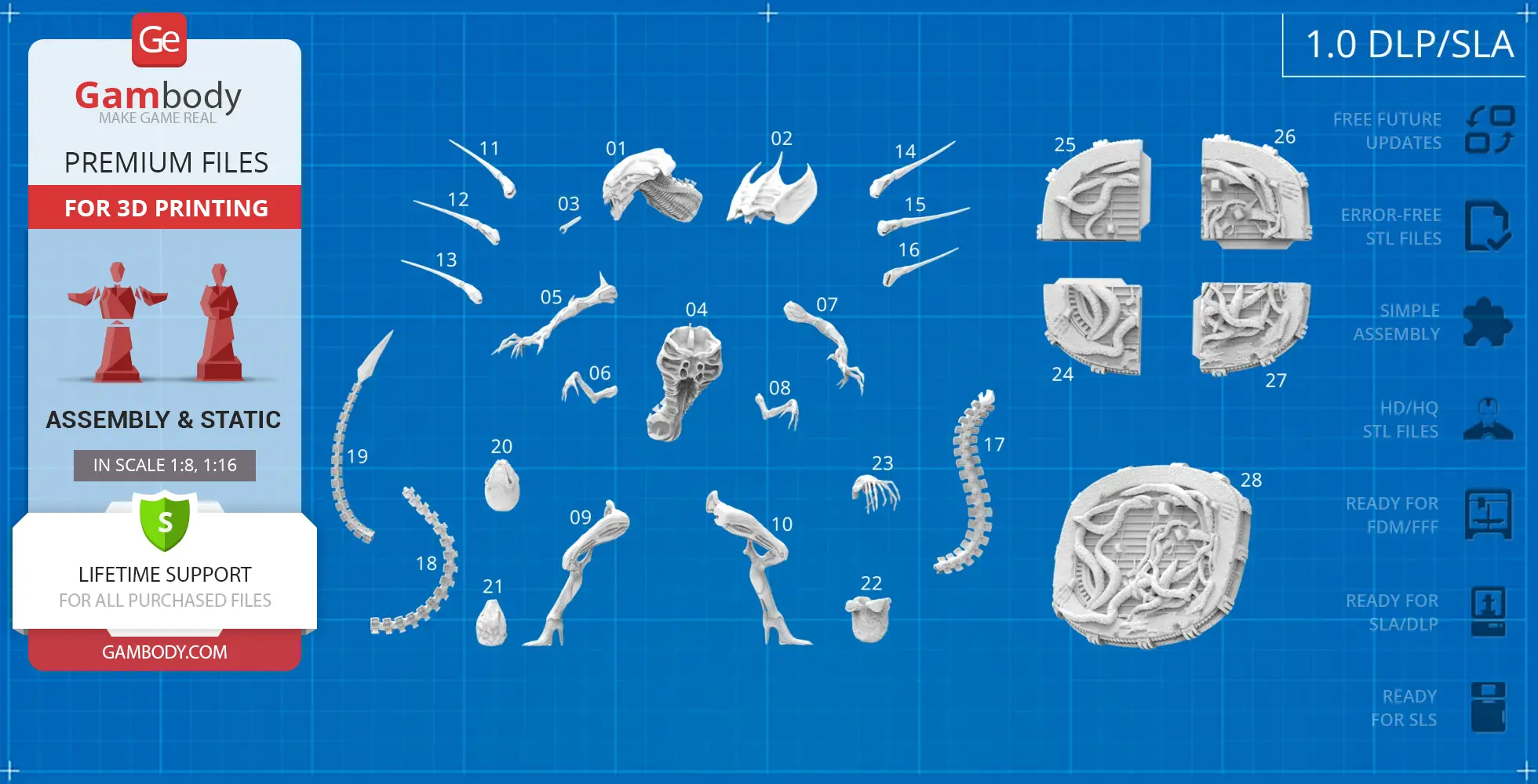 Detailed 3D model assembly parts of a Xenomorph Queen for 3D printing.