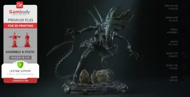 A detailed 3D model of a Xenomorph Queen with eggs, designed for 3D printing on a platform.