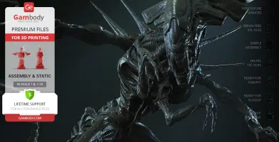 A detailed 3D model of a menacing, multi-limbed Xenomorph Queen, ready for 3D printing.