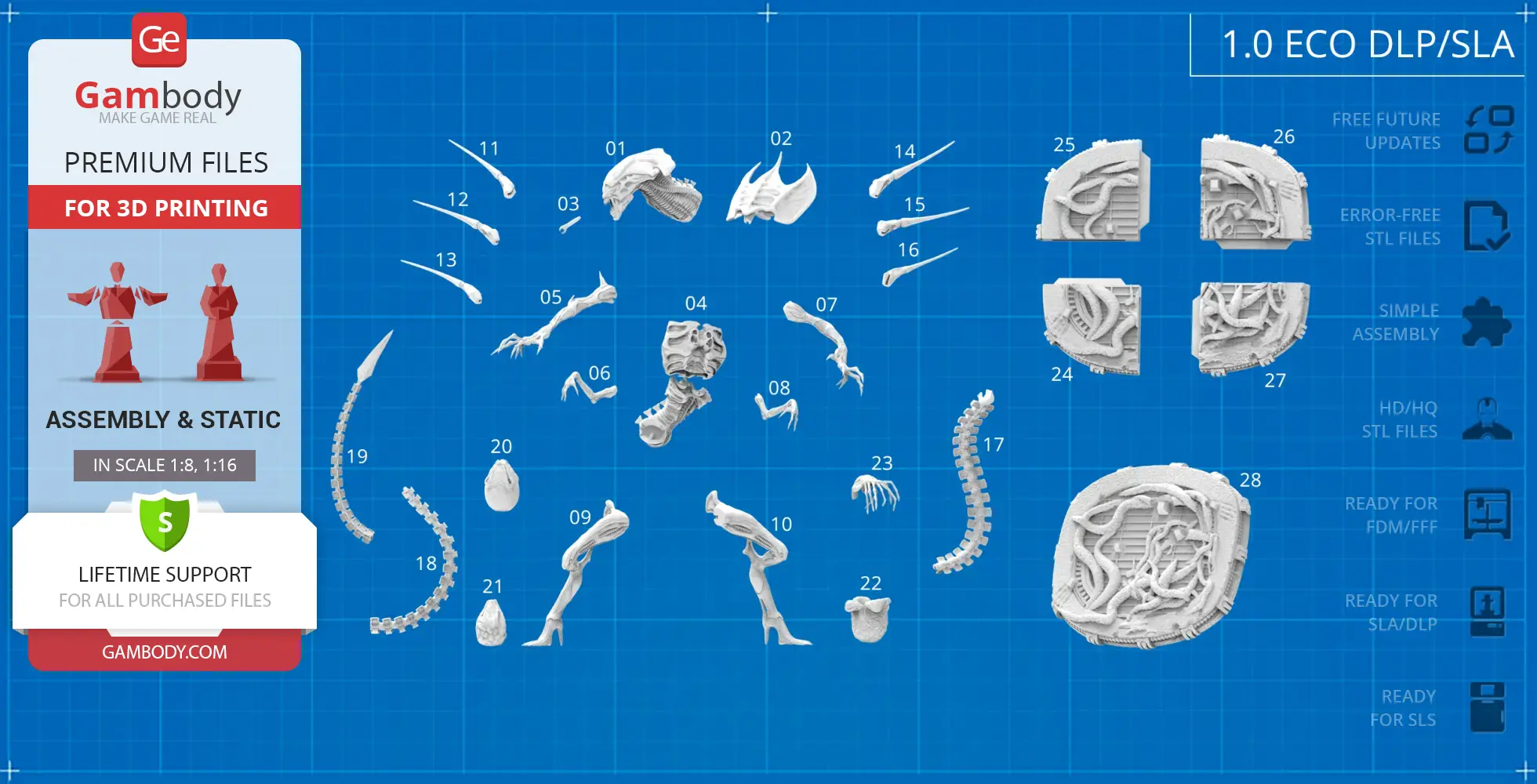 Xenomorph Queen 3D model parts on a blueprint layout, numbered for assembly.