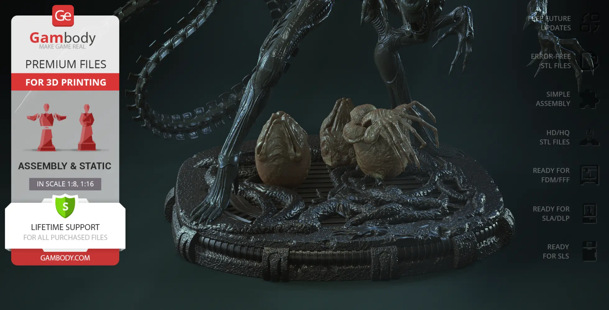 Xenomorph Queen 3D model with eggs and facehuggers on a detailed base.