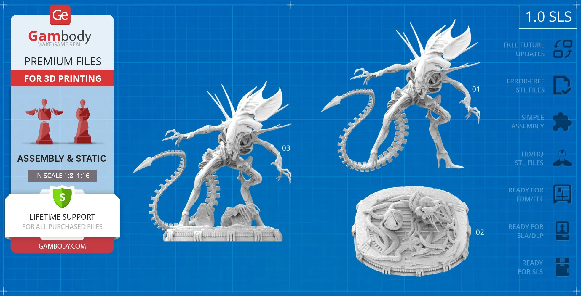 Highly detailed 3D model of a menacing alien creature with a long tail and crown-like head crest.