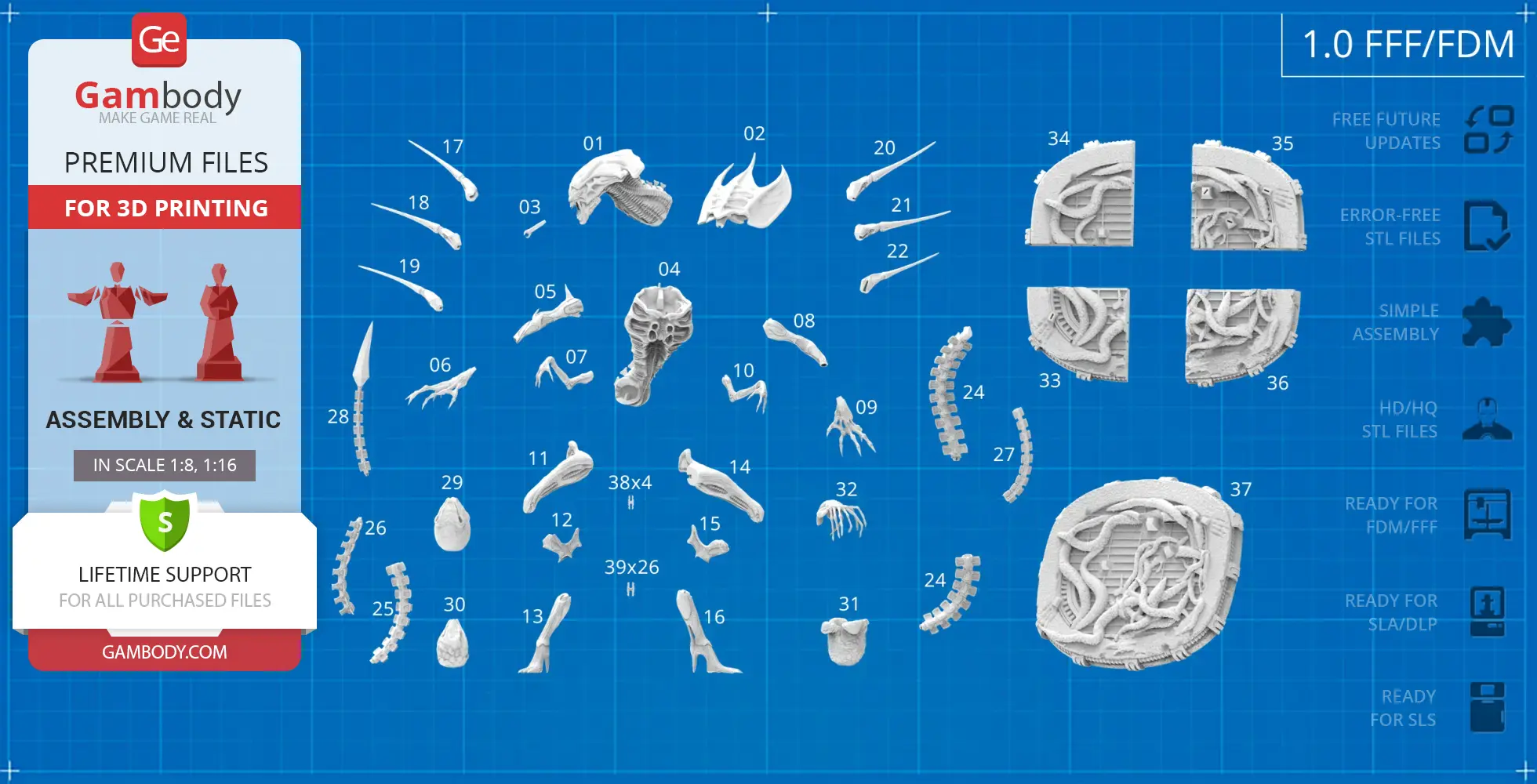 Xenomorph Queen 3D print assembly parts layout on a blueprint background.