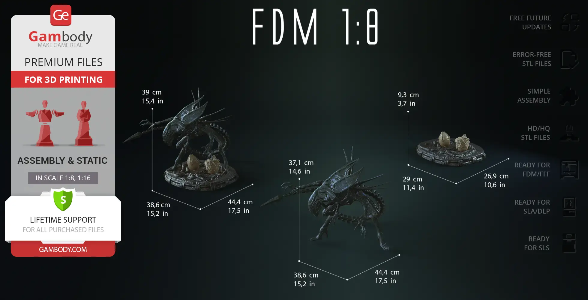 3D model of a Xenomorph Queen with egg base, designed for 3D printing with dimensions shown.