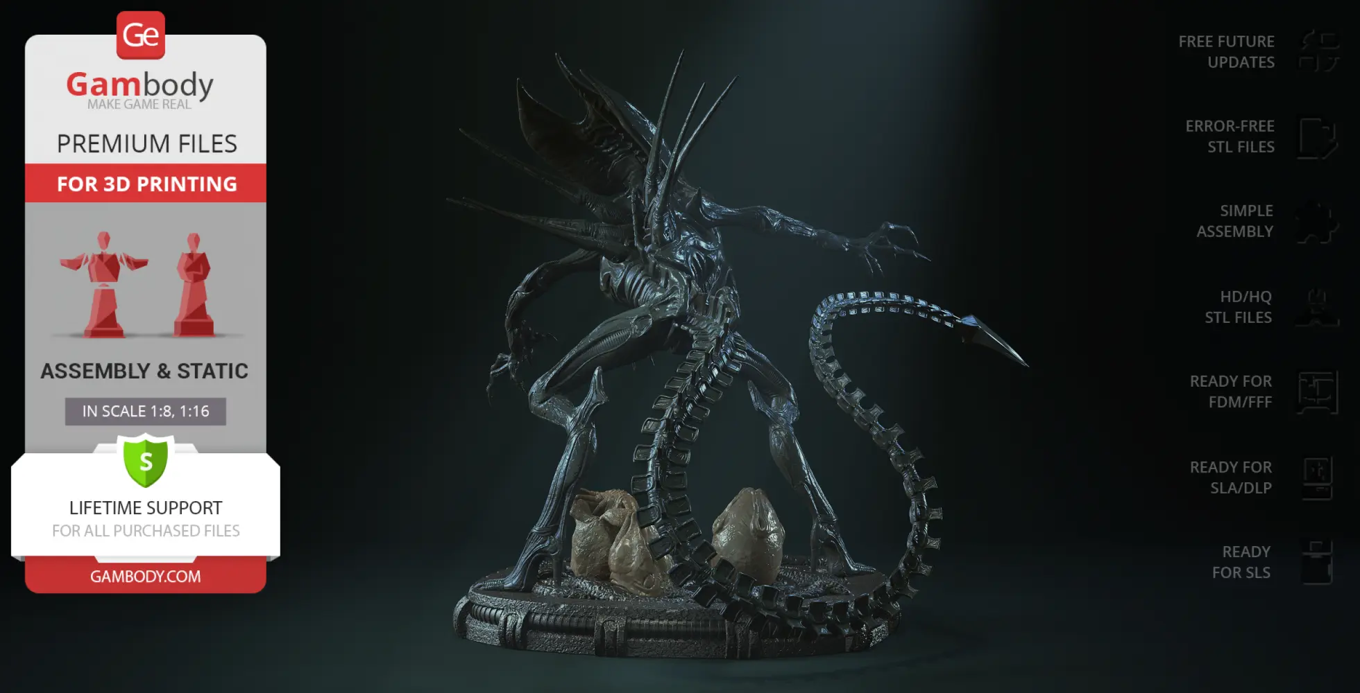 Alien queen with large crown and tail on a detailed base with eggs, ready for 3D printing.