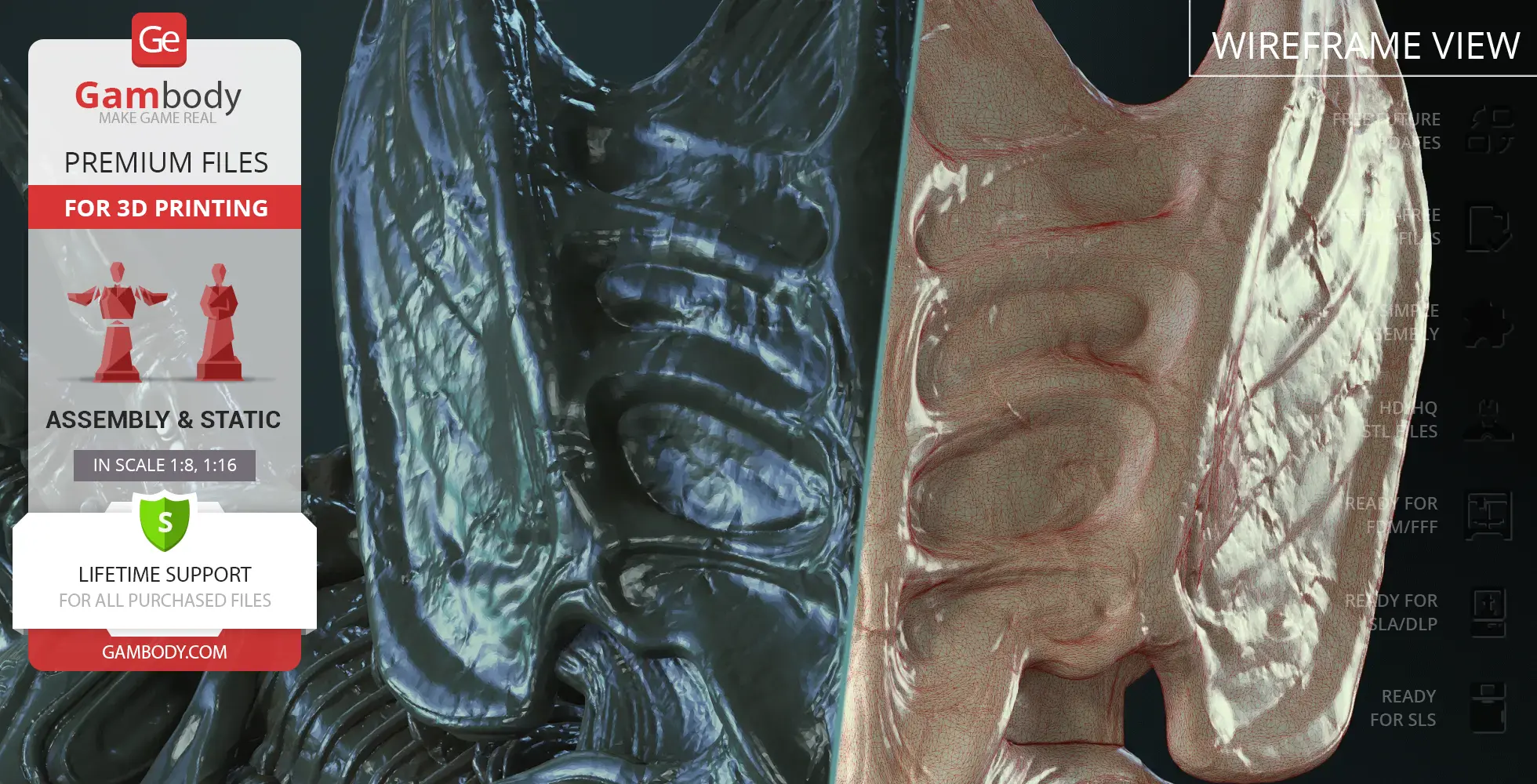 3D model of a Xenomorph Queen's detailed head; split view showing texture and wireframe.
